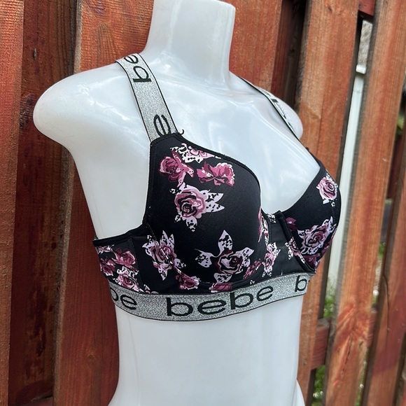 Bebe Black and Pink Floral Bra with Size M - Picture 2 of 5